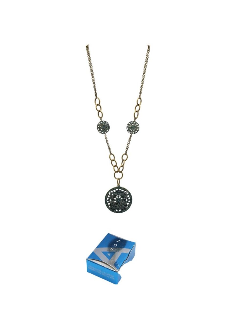 Avon Turquoise Colored Medallion Necklace With Gold Tone Chain New In Box